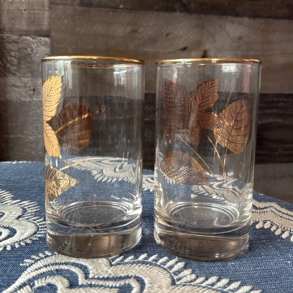 Libbey Glass set of 4 gold leaf tumblers mid century modern golden foliage gilt